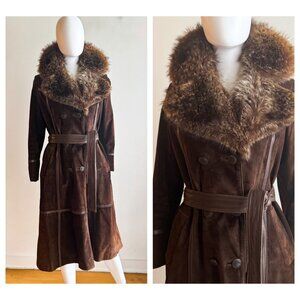 Vintage Brown Suede Racoon Fur Collar Belted Long Coat